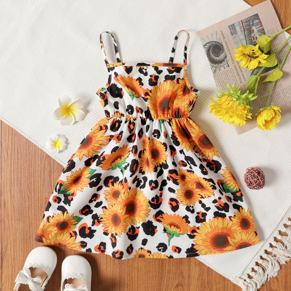Toddler Girl Bowknot Design Orange/ Floral Print Cami Dress Multi-color big image 1