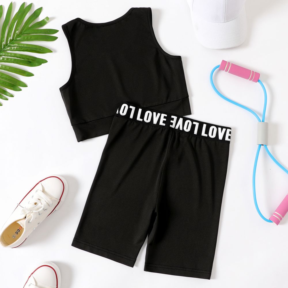 2pcs Kid Girl Solid Color Tank Top and Letter Print Shorts Sporty Set Black big image 3