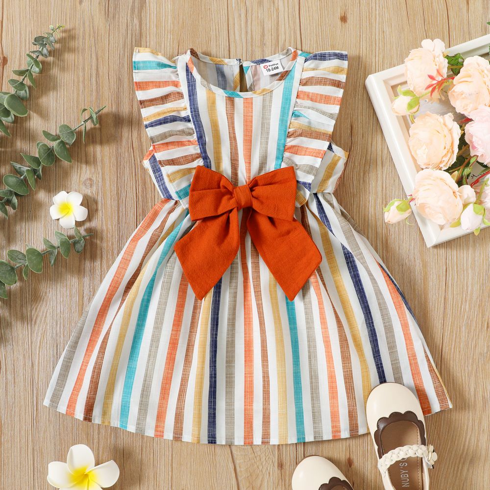 Toddler Girl Stripe Ruffled Bowknot Design Sleeveless Dress Multi-color big image 1
