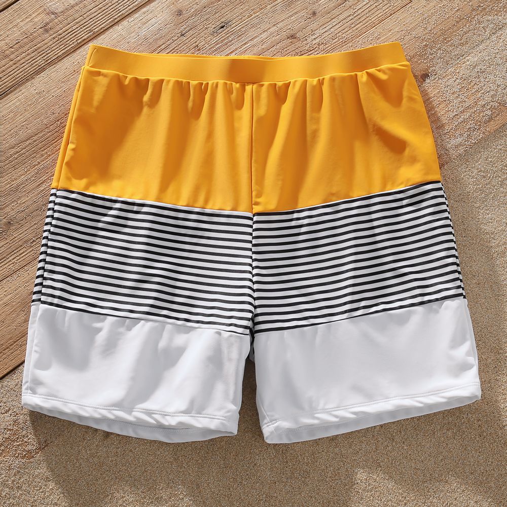Family Matching Striped Colorblock Swim Trunks Shorts and Spaghetti Strap Splicing One-Piece Swimsuit Rudbeckia yellow big image 12