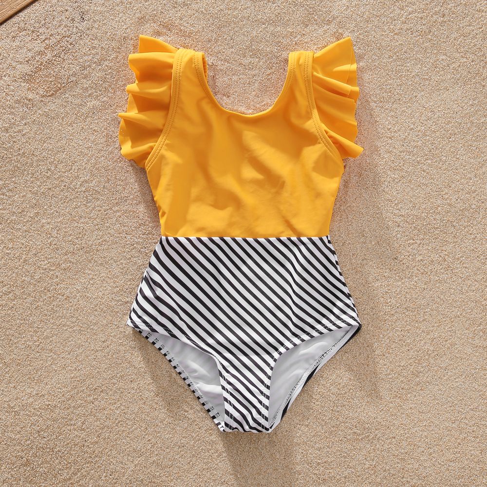 Family Matching Striped Colorblock Swim Trunks Shorts and Spaghetti Strap Splicing One-Piece Swimsuit Rudbeckia yellow big image 10