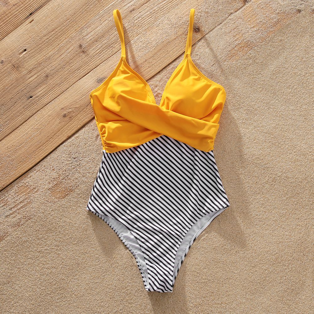 Family Matching Striped Colorblock Swim Trunks Shorts and Spaghetti Strap Splicing One-Piece Swimsuit Rudbeckia yellow big image 7