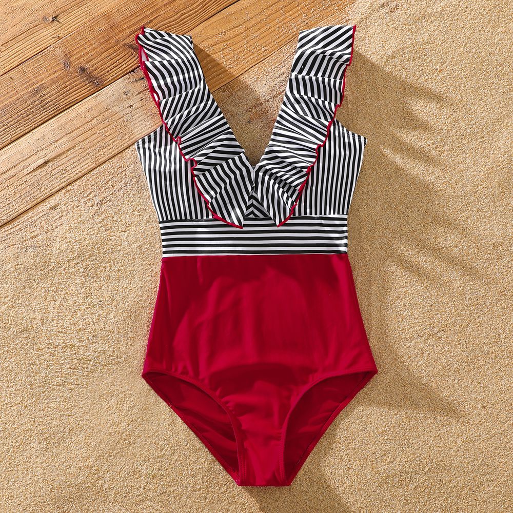 Family Matching Striped Swim Trunks Shorts and Ruffle Splicing One-Piece Swimsuit REDWHITE big image 3