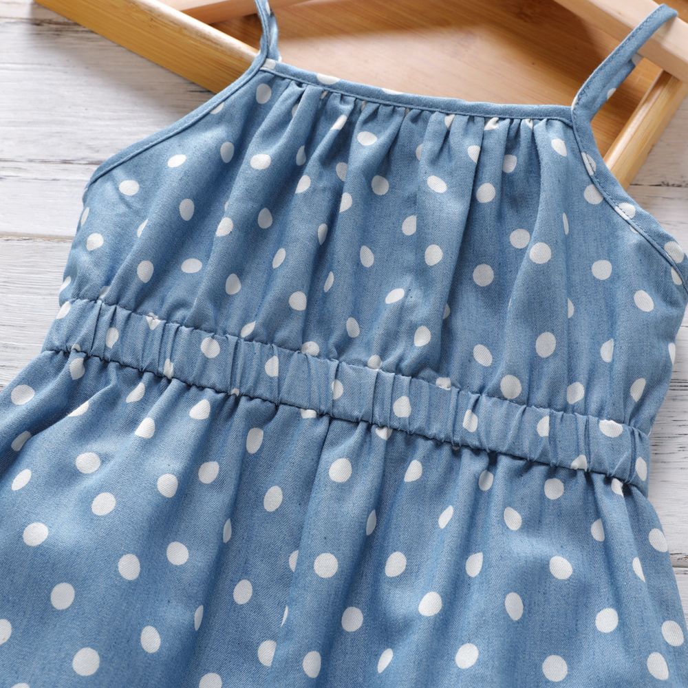 Toddler Girl Polka dots Bowknot Design Denim Cami Jumpsuits Blue big image 5