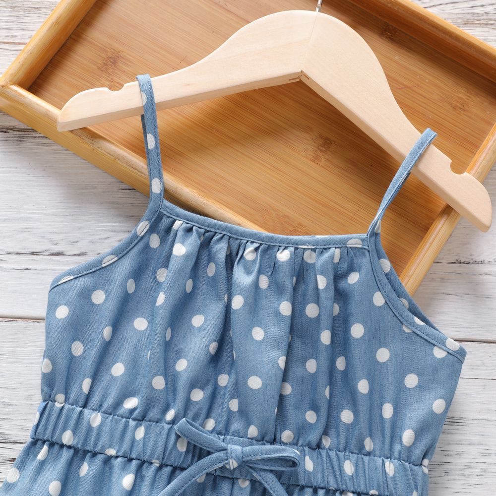 Toddler Girl Polka dots Bowknot Design Denim Cami Jumpsuits Blue big image 4