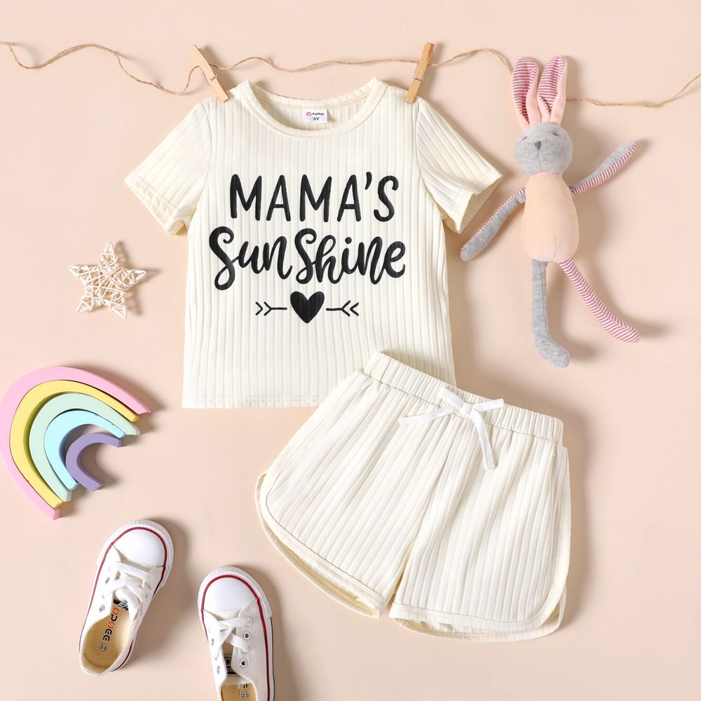 2pcs Toddler Girl Letter Print Ribbed Short-sleeve Tee and Bowknot Design Elasticized Shorts Set MILKWHITE big image 1