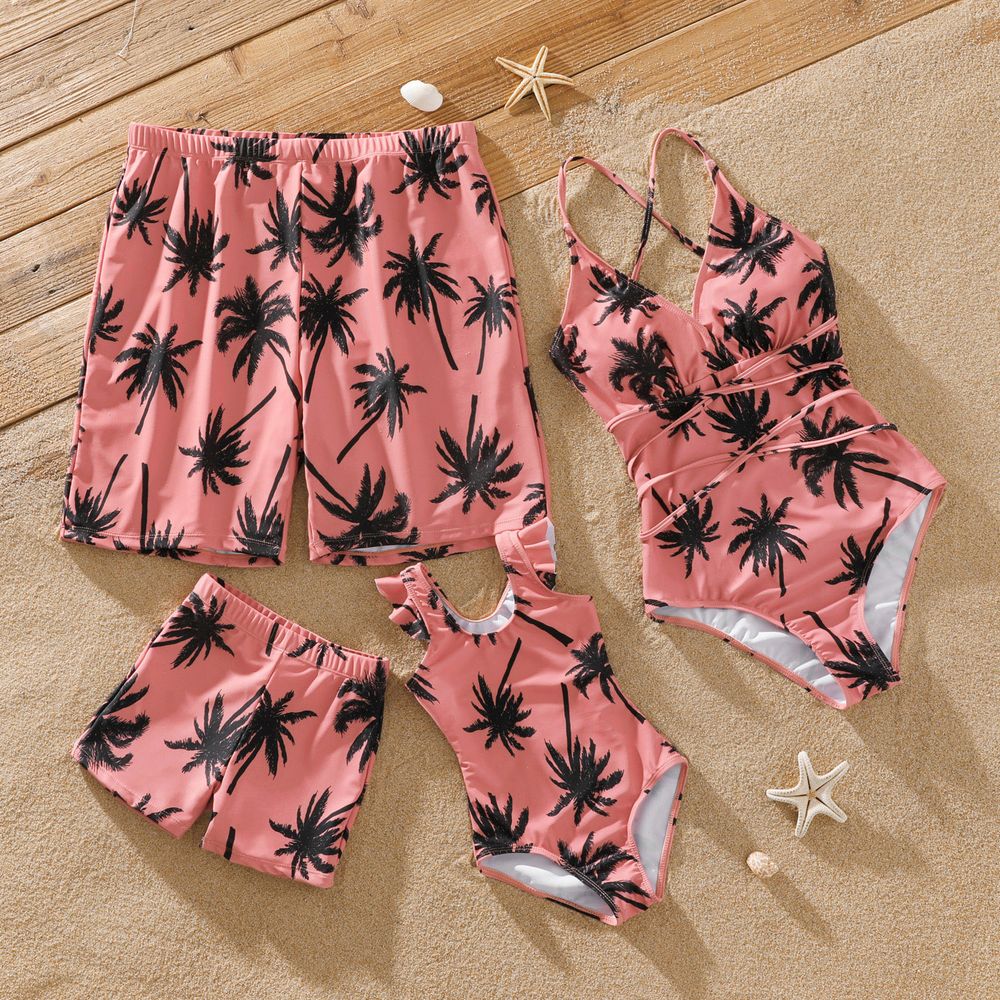 Family Matching All Over Coconut Tree Print Pink Swim Trunks Shorts and Spaghetti Strap One-Piece Swimsuit Mauve Pink big image 1