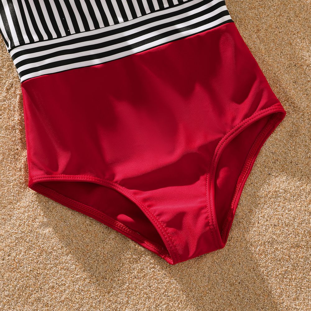 Family Matching Striped Swim Trunks Shorts and Ruffle Splicing One-Piece Swimsuit REDWHITE big image 5