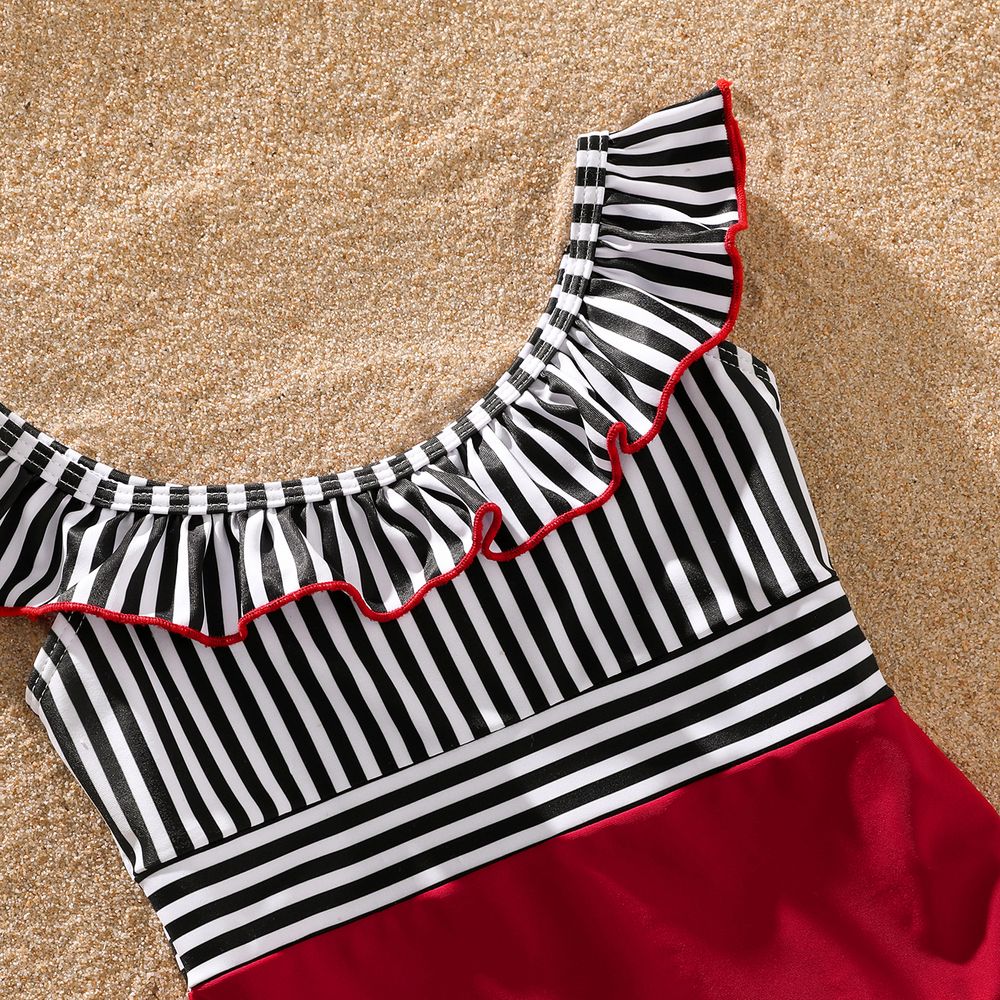 Family Matching Striped Swim Trunks Shorts and Ruffle Splicing One-Piece Swimsuit REDWHITE big image 7