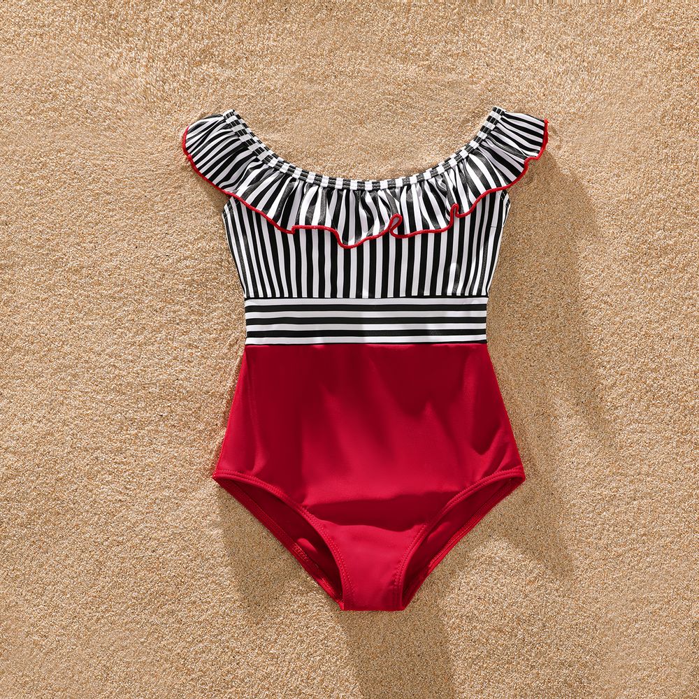 Family Matching Striped Swim Trunks Shorts and Ruffle Splicing One-Piece Swimsuit REDWHITE big image 6