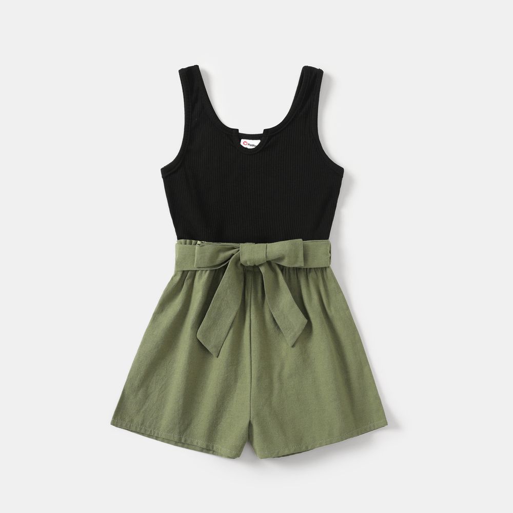 100% Cotton Ribbed and Solid Splicing Sleeveless Belted Romper for Mom and Me Army green big image 6