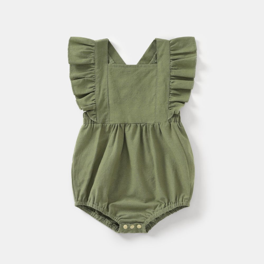 100% Cotton Ribbed and Solid Splicing Sleeveless Belted Romper for Mom and Me Army green big image 8