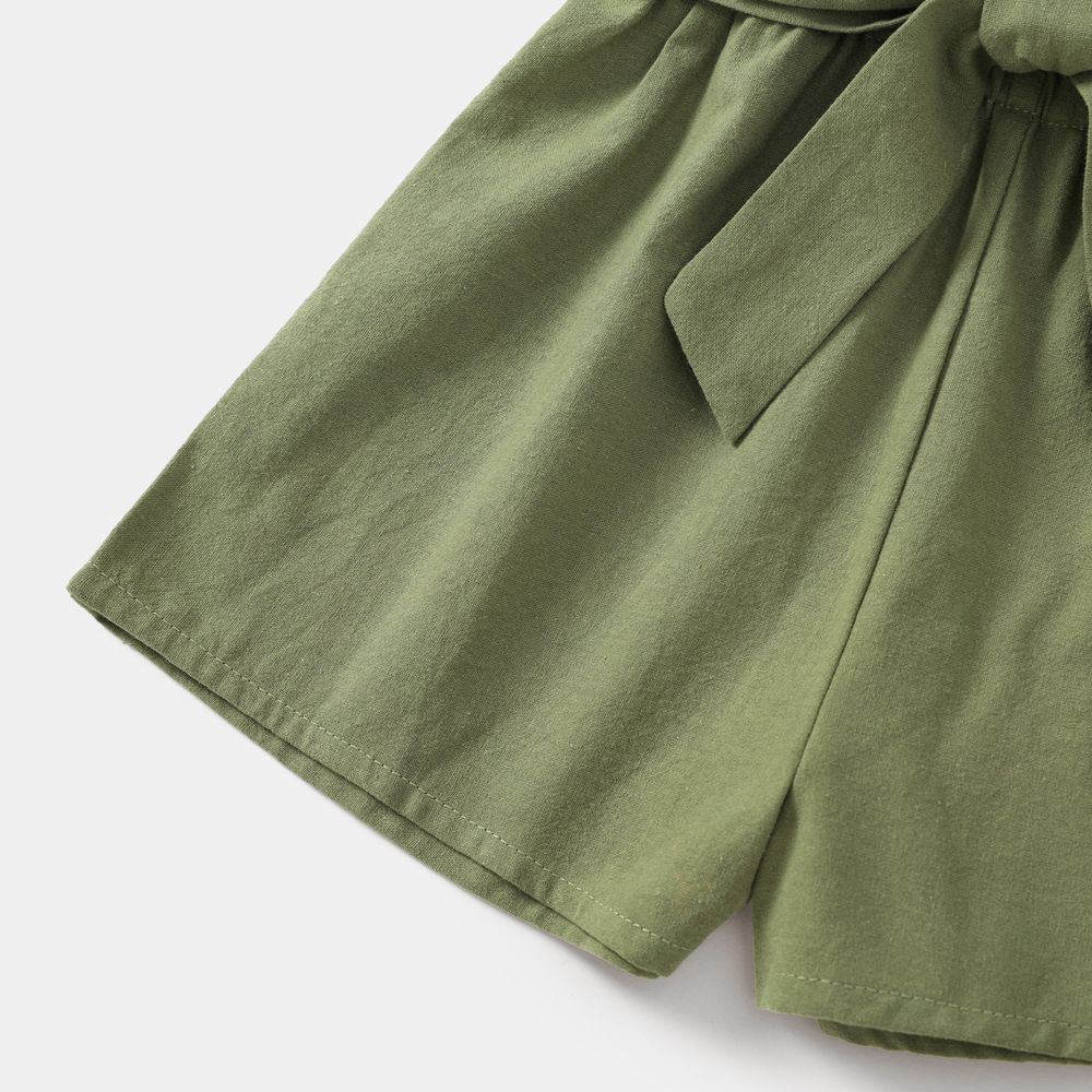 100% Cotton Ribbed and Solid Splicing Sleeveless Belted Romper for Mom and Me Army green big image 5