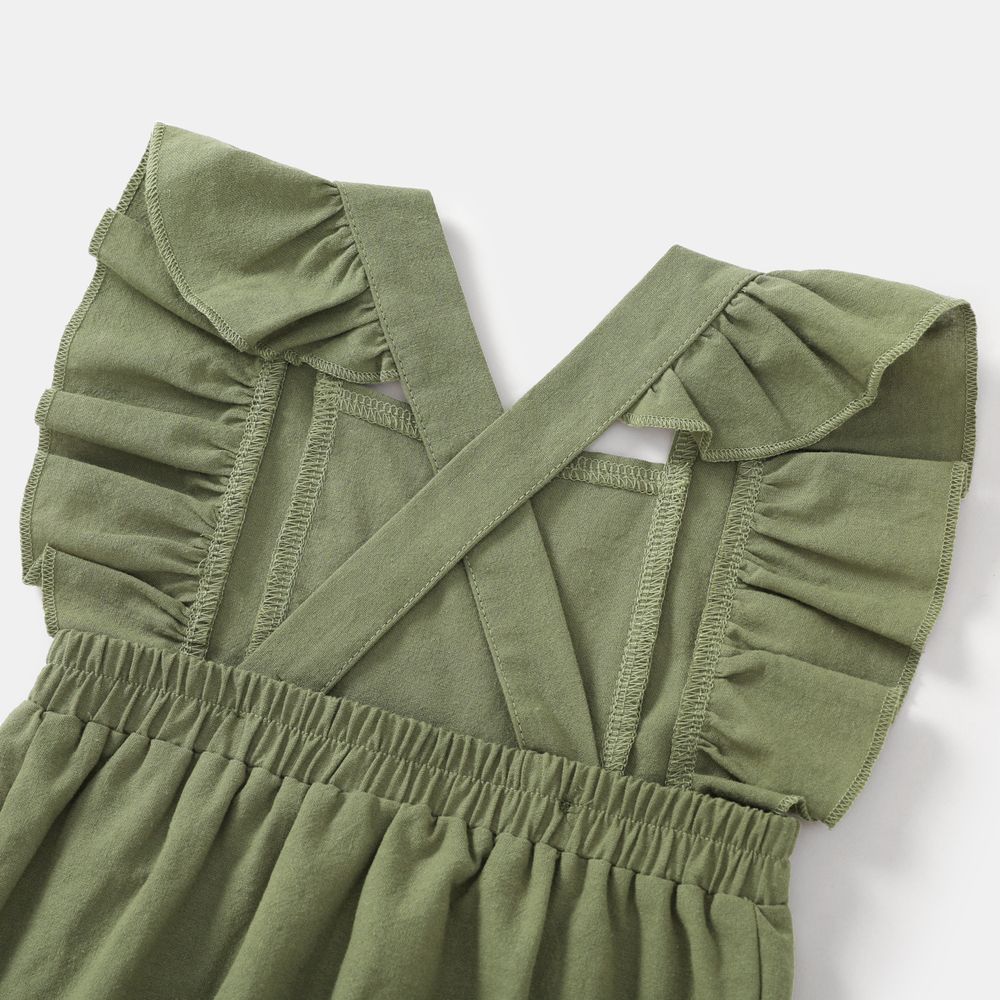 100% Cotton Ribbed and Solid Splicing Sleeveless Belted Romper for Mom and Me Army green big image 10