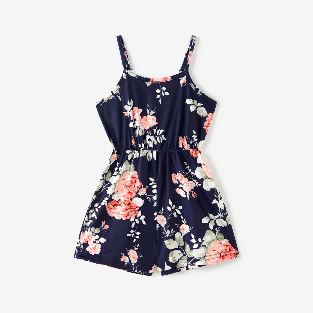 All Over Floral Print Blue Spaghetti Strap Romper Shorts for Mom and Me royalblue big image 6