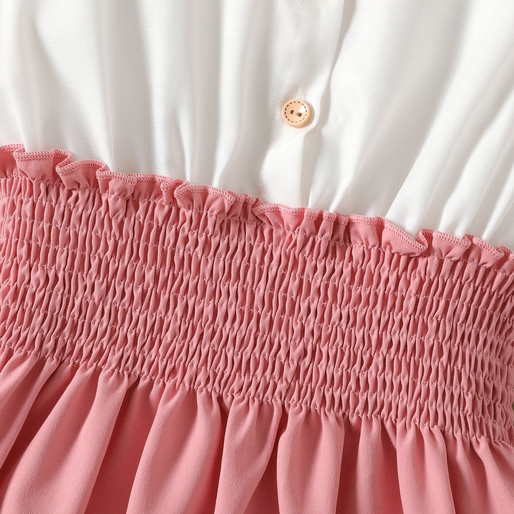 Kid Girl Button Design Smocked Splice Ruffled Flutter-sleeve Dress Pink big image 4