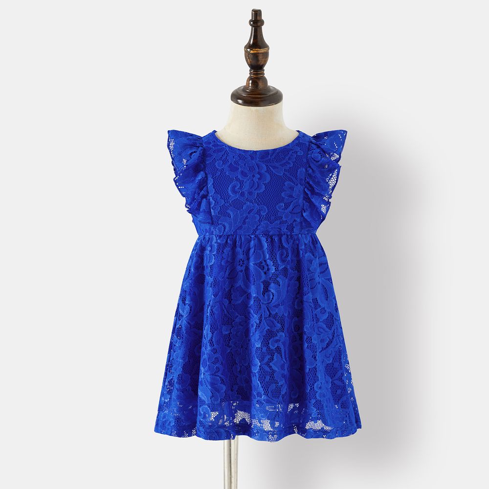 Family Matching Blue Lace Halter Sleeveless Dresses and Colorblock Short-sleeve Polo Shirts Sets Blue big image 7
