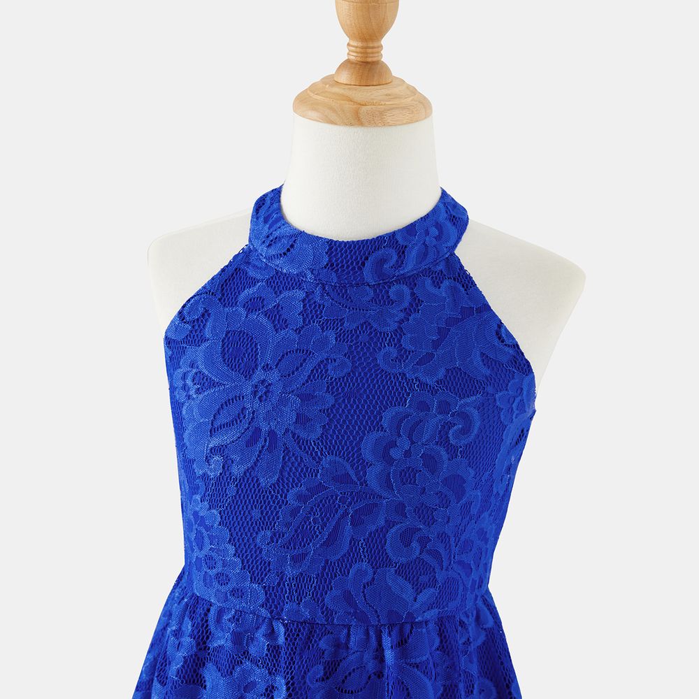 Family Matching Blue Lace Halter Sleeveless Dresses and Colorblock Short-sleeve Polo Shirts Sets Blue big image 3