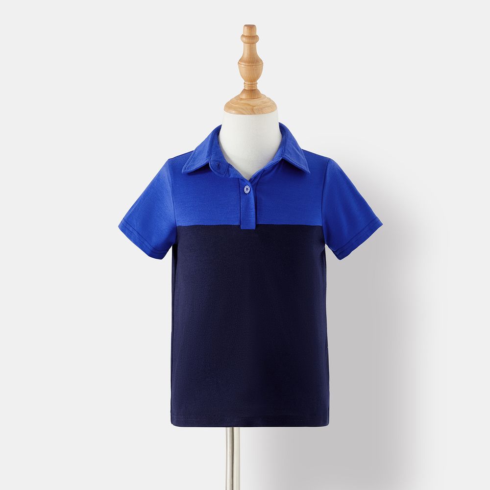 Family Matching Blue Lace Halter Sleeveless Dresses and Colorblock Short-sleeve Polo Shirts Sets Blue big image 13