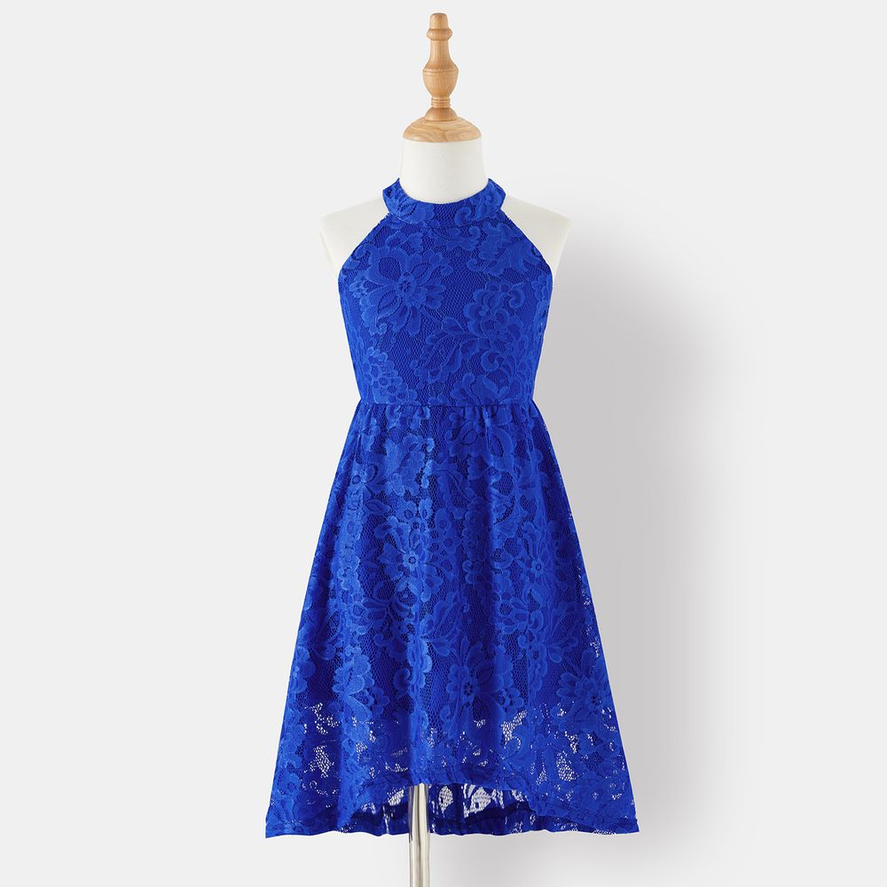 Family Matching Blue Lace Halter Sleeveless Dresses and Colorblock Short-sleeve Polo Shirts Sets Blue big image 6