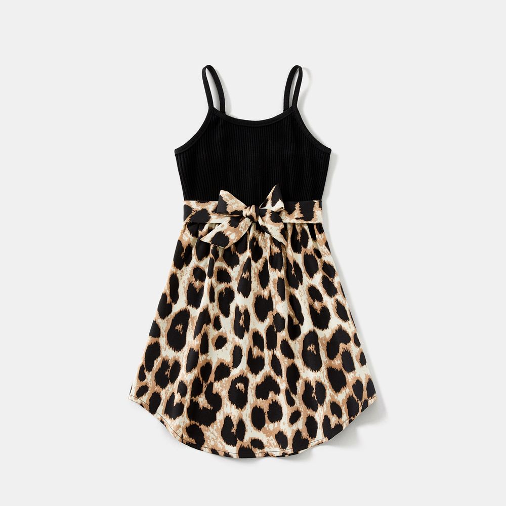 Family Matching 95% Cotton Short-sleeve T-shirts and Rib Knit Spliced Leopard Belted Cami Dresses Sets Black big image 14