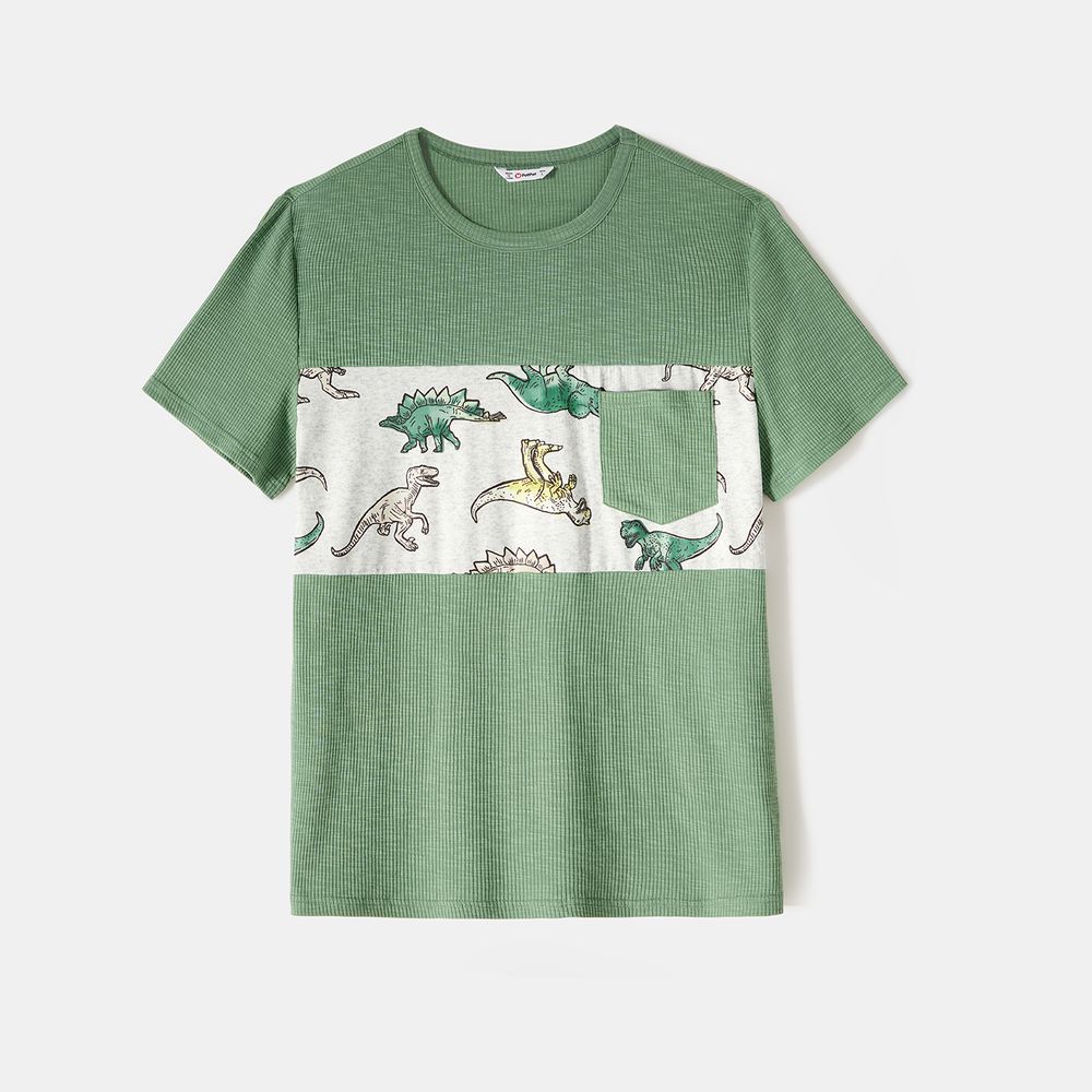 Family Matching Green Rib Knit Spliced Allover Dinosaur Print Dresses and Short-sleeve T-shirts Sets JadeGreen big image 7