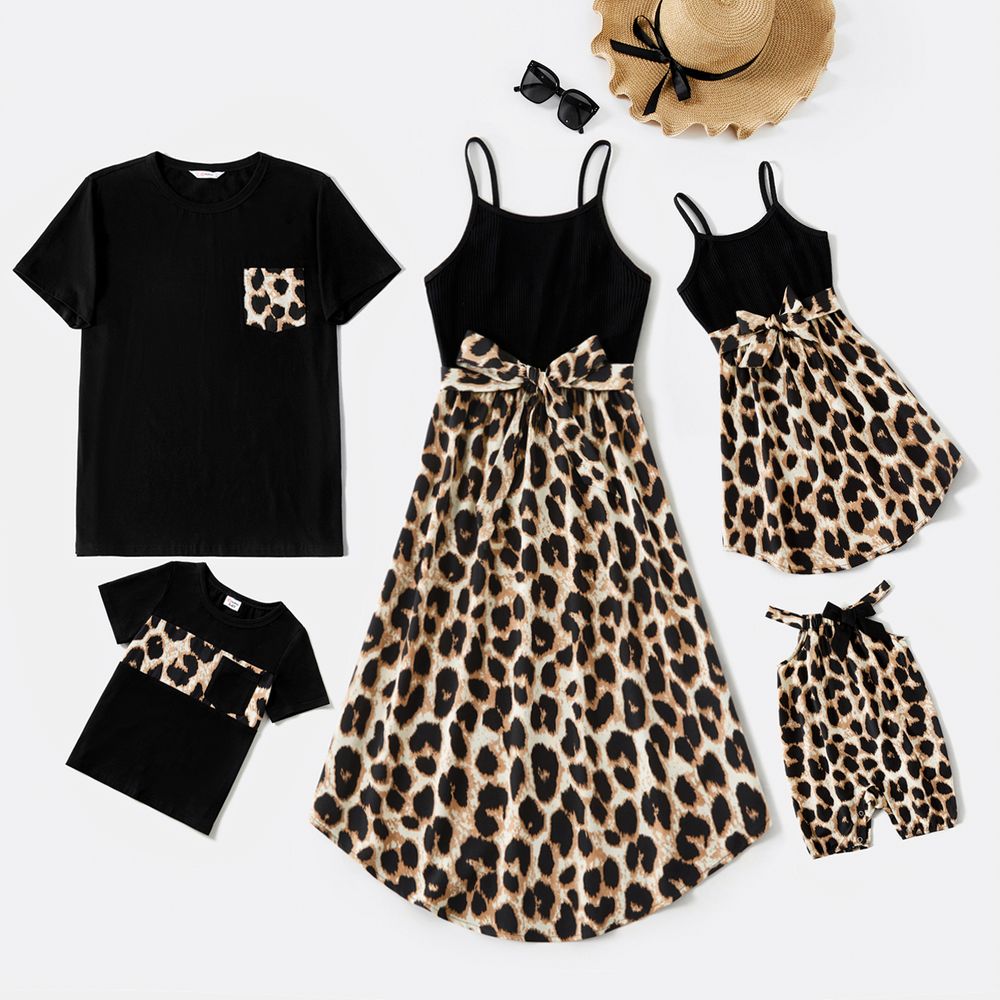 Family Matching 95% Cotton Short-sleeve T-shirts and Rib Knit Spliced Leopard Belted Cami Dresses Sets Black big image 1