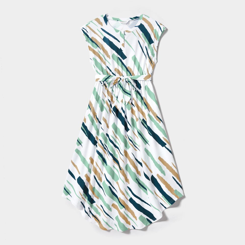 Family Matching Allover Geo Print Sleeveless Belted Dresses and Short-sleeve T-shirts Sets Coffee big image 2