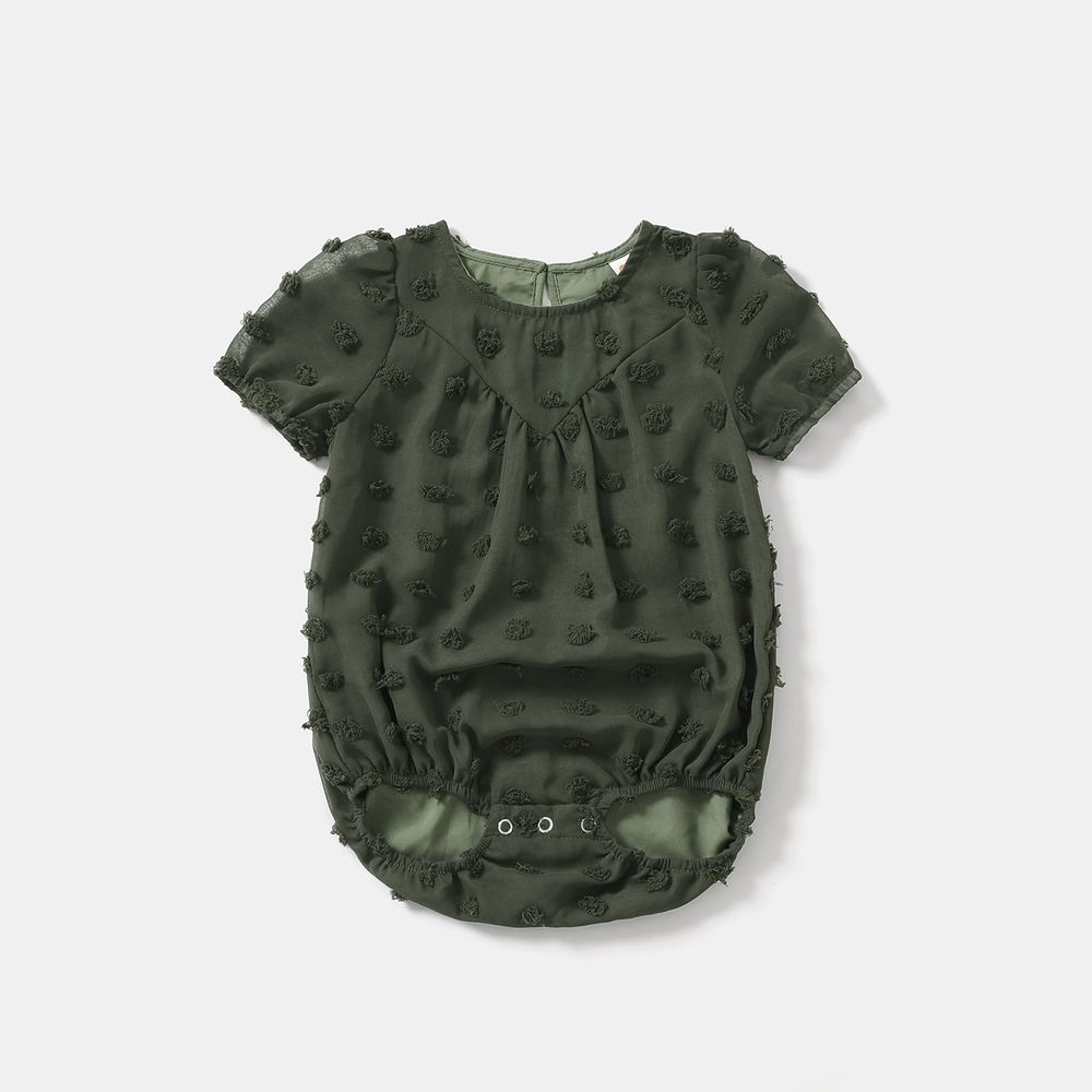 Family Matching Army Green Swiss Dots Cross Wrap V Neck Short-sleeve Dresses and Color Block T-shirts Sets Army green big image 10