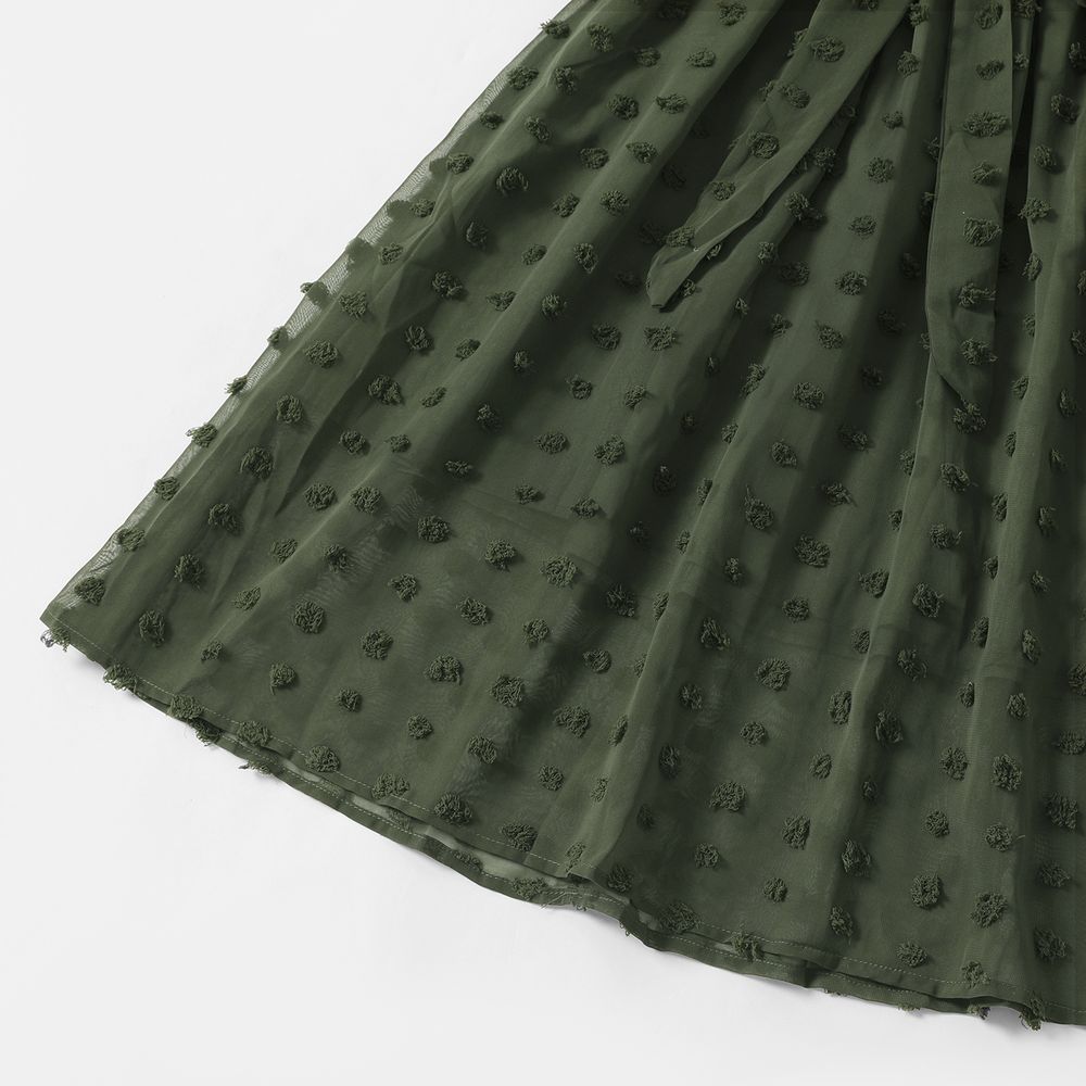 Family Matching Army Green Swiss Dots Cross Wrap V Neck Short-sleeve Dresses and Color Block T-shirts Sets Army green big image 6