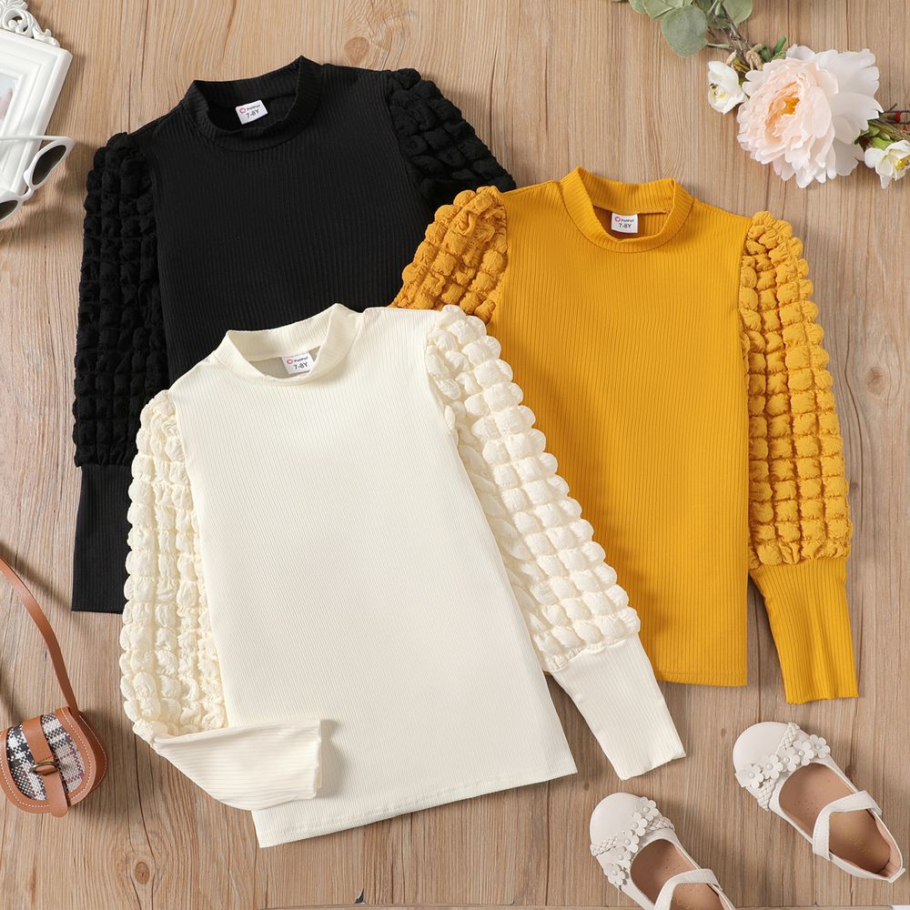Kid Girl Textured Long Puff-sleeve Mock Neck Solid Color Tee OffWhite big image 2