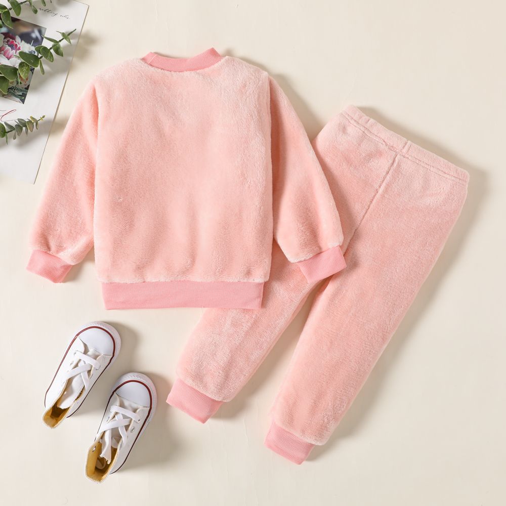 Toddler Teddy Bear Applique Long-sleeve Flannelette Set Pink big image 3