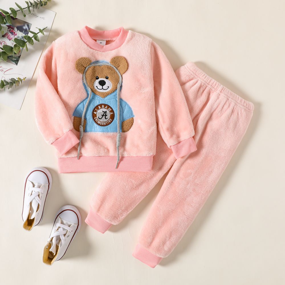 Toddler Teddy Bear Applique Long-sleeve Flannelette Set Pink big image 1