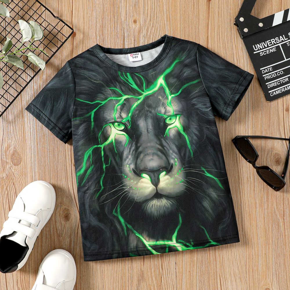 Kid Boy Animal Lion Print Short-sleeve Black Tee / Ripped Denim Shorts Black big image 1