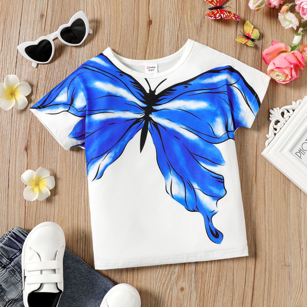 Kid Girl Butterfly Print Short-sleeve Tee Blue big image 1