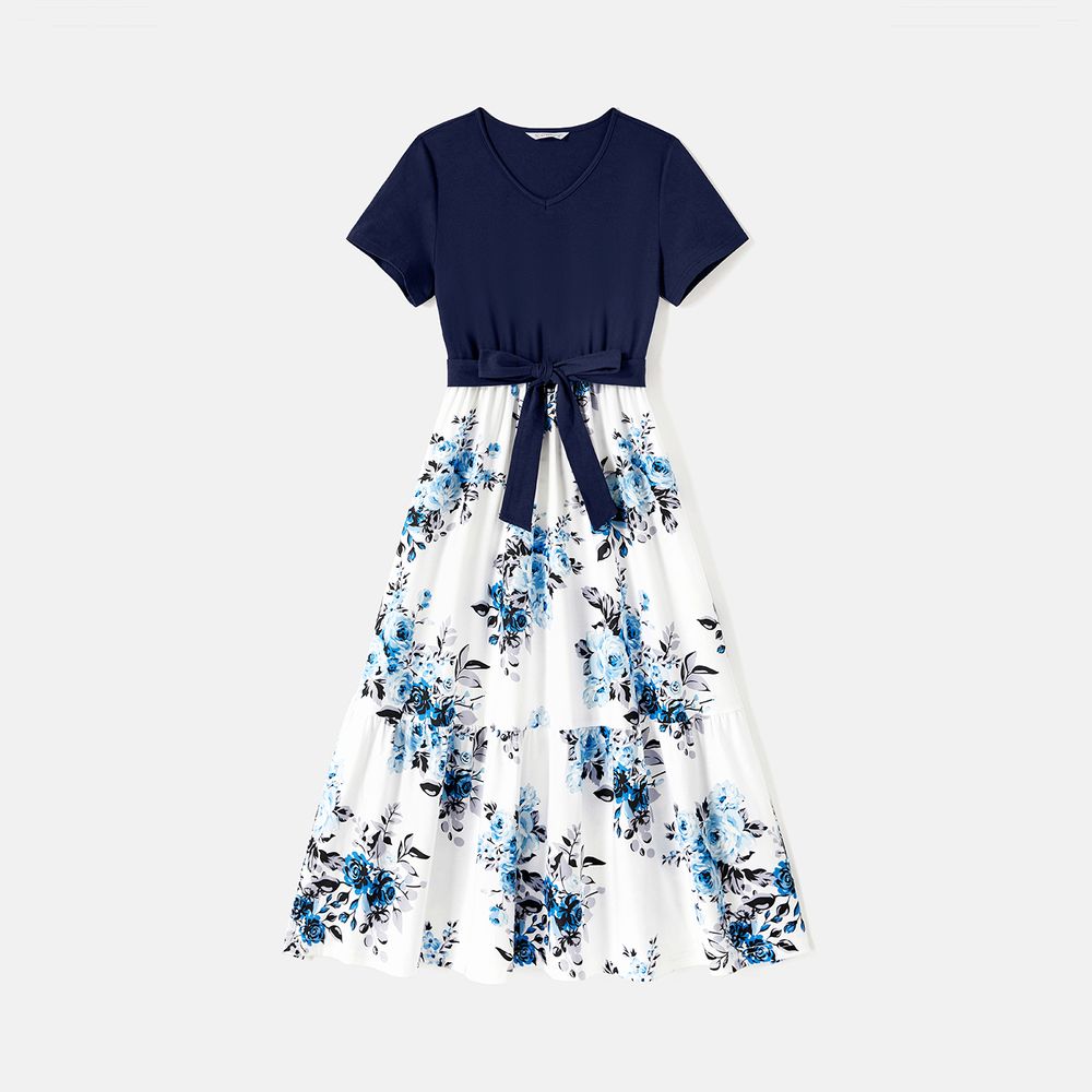Family Matching 95% Cotton Dark Blue Short-sleeve T-shirts and Floral Print Spliced Dresses Sets DeepSapphireBlue big image 2