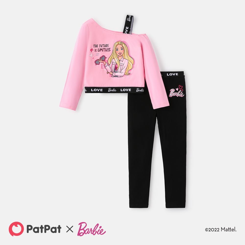 Barbie 2pcs Kid Girl Letter Print One Shoulder Long-sleeve Cotton Tee and Leggings Set Pink big image 1