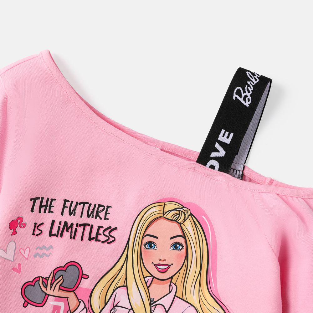 Barbie 2pcs Kid Girl Letter Print One Shoulder Long-sleeve Cotton Tee and Leggings Set Pink big image 3