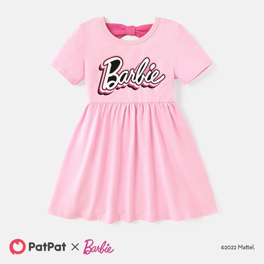 Barbie Toddler/Kid Girl Back Bowknot Design Cotton Short-sleeve Dress Light Pink big image 1