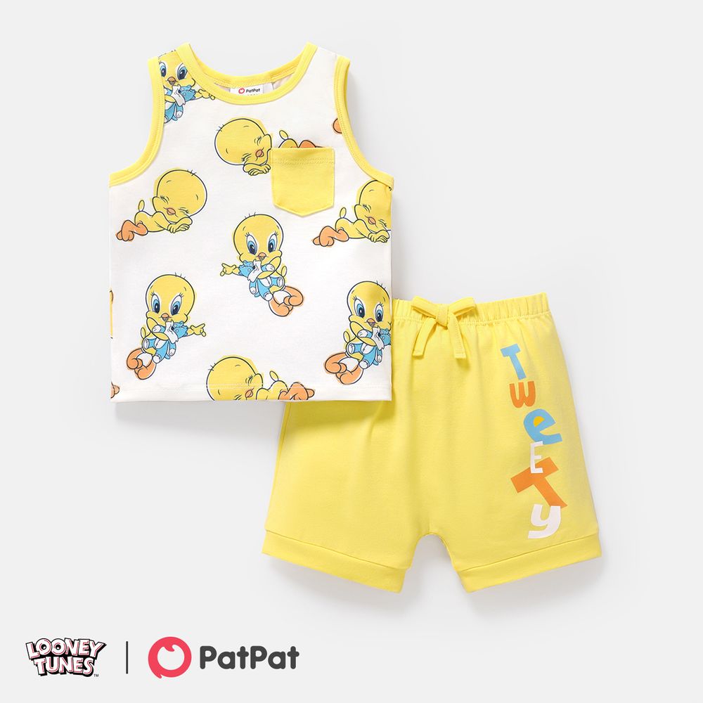 Looney Tunes 2pcs Baby Boy Allover Cartoon Print Naia™ Tank Top and Cotton Shorts Set LightYellow big image 1