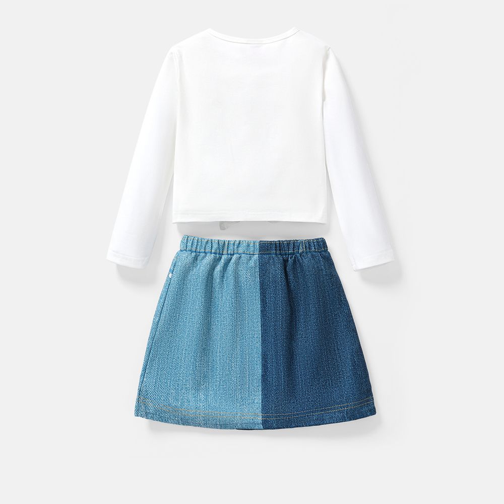 Barbie 2pcs Kid Girl Tie Knot Long-sleeve Cotton Tee and Denim Skirt Set White big image 2