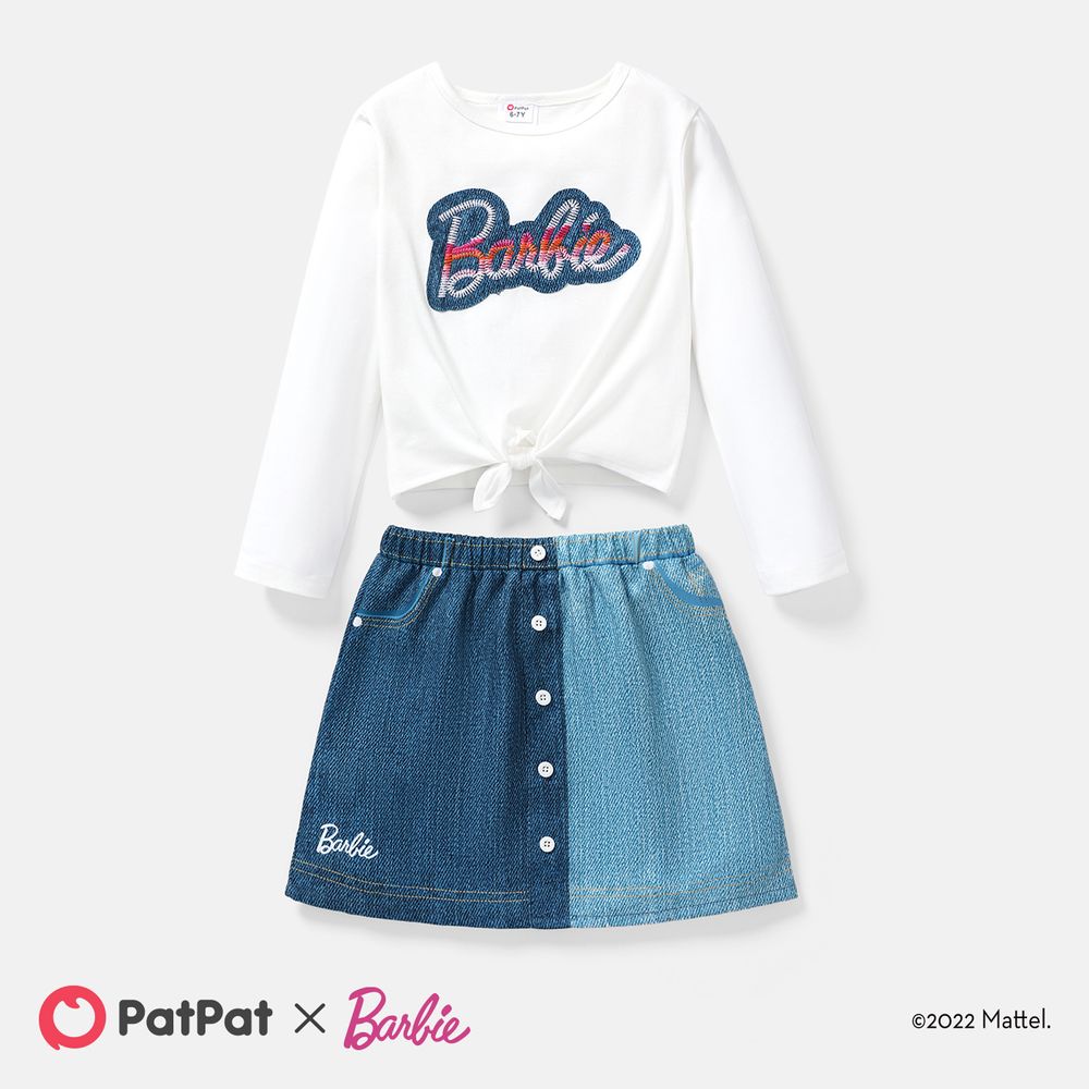 Barbie 2pcs Kid Girl Tie Knot Long-sleeve Cotton Tee and Denim Skirt Set White big image 1