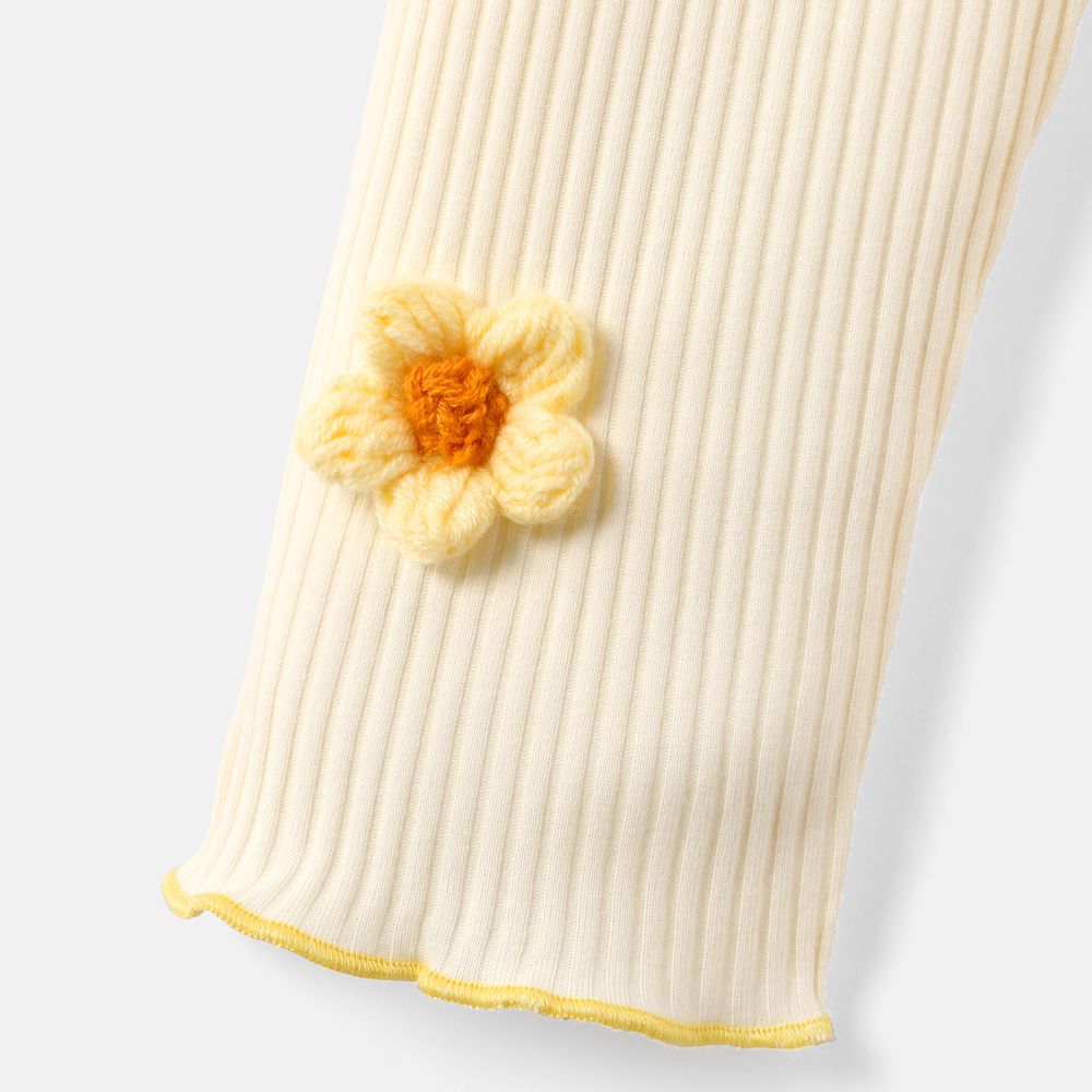 Baby Girl Knit Flower Detail Solid Cotton Ribbed Leggings Creamcolored big image 4