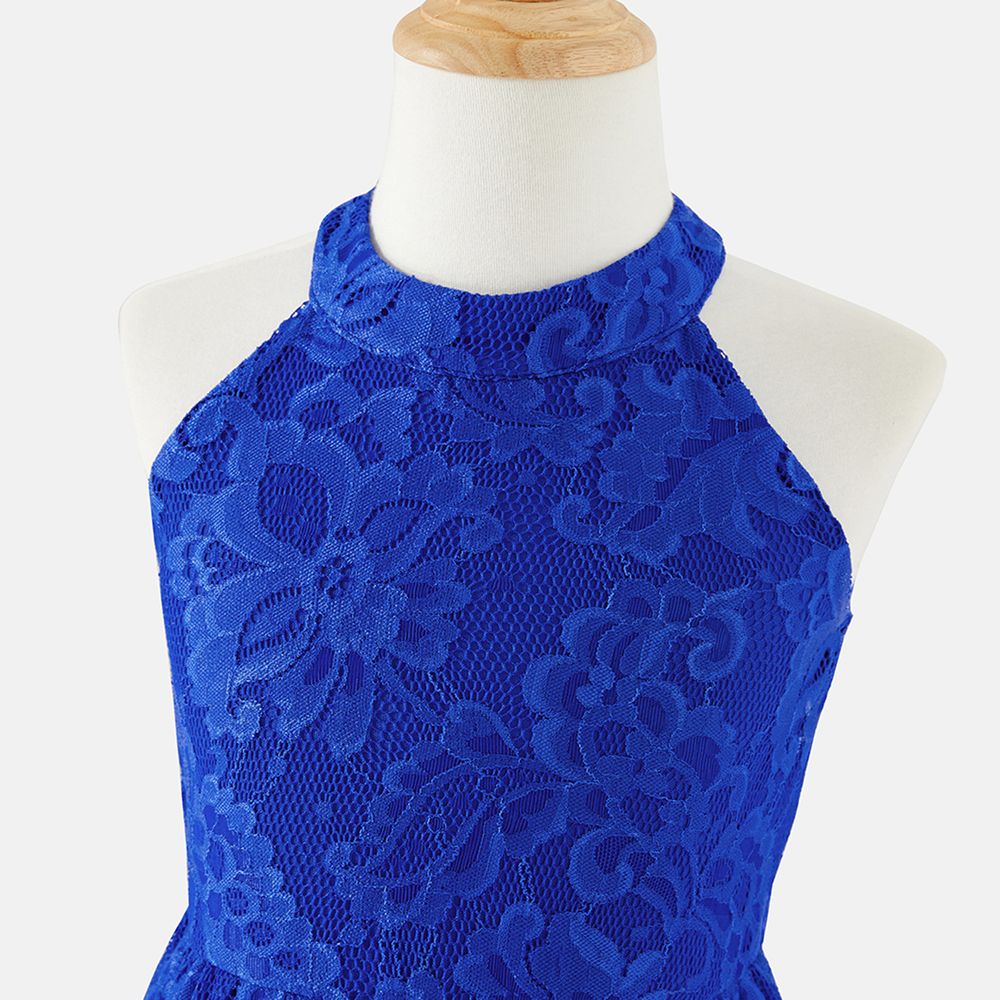 Family Matching Guipure Lace Halter Neck Dresses and Color Block Short-sleeve T-shirts Sets Blue big image 6