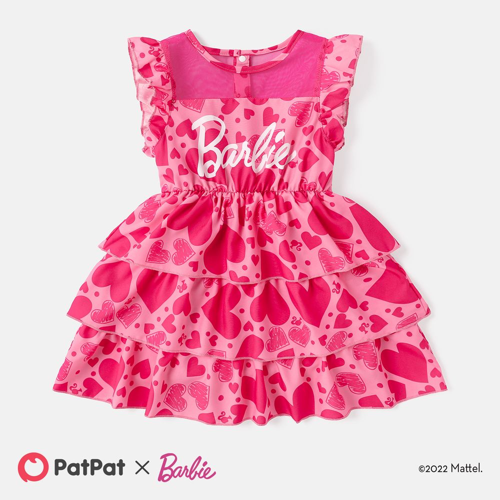 Barbie Toddler/Kid Girl Mother's Day Heart Print Layered Flutter-sleeve Dress Hot Pink big image 1