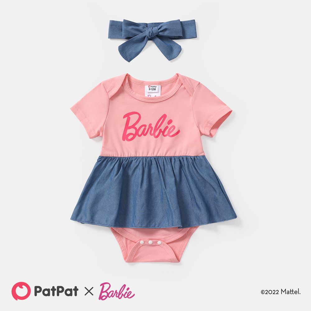 Barbie Mommy and Me Short-sleeve Letter Print Tee and Imitation Denim Skirt Sets Pink big image 8