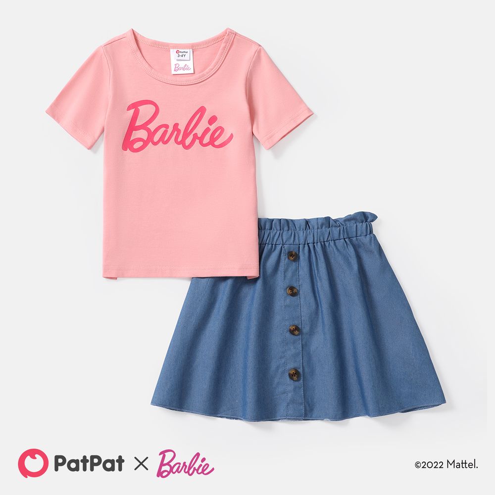 Barbie Mommy and Me Short-sleeve Letter Print Tee and Imitation Denim Skirt Sets Pink big image 5