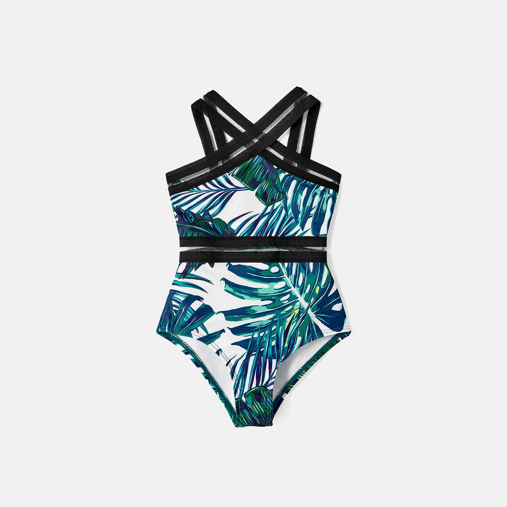 Family Matching Allover Palm Leaf Print Crisscross One-piece Swimsuit and Swim Trunks Green big image 9