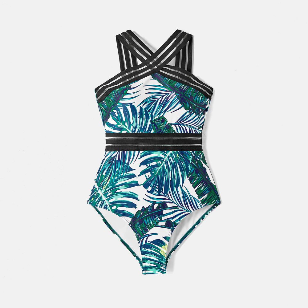 Family Matching Allover Palm Leaf Print Crisscross One-piece Swimsuit and Swim Trunks Green big image 14