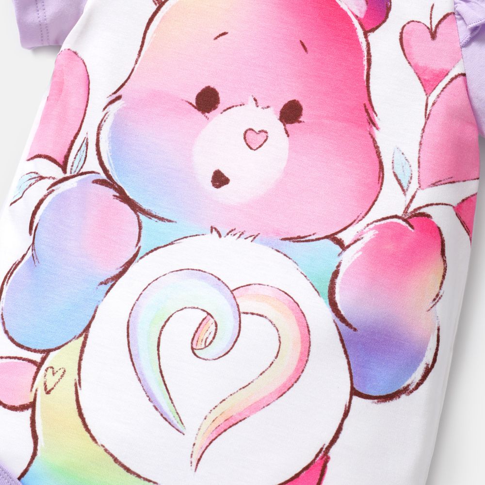 Care Bears 2pcs Baby Girl Bear Print Ruffle Short-sleeve Naia™ Romper and Rainbow Ombre Skirt Set Ombre big image 3